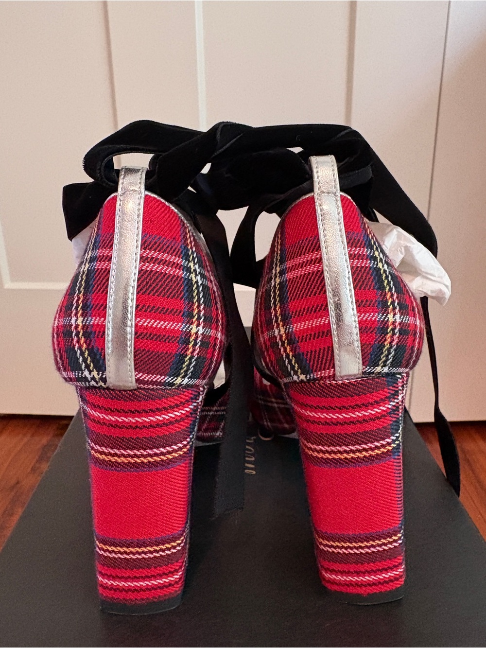 J. Crew Red Plaid Two-Piece Lace-Up Block Heel Pump - Picture 3 of 3